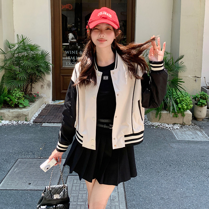 短款棒球服外套女春秋2025新款高级感设计小众宽松撞色夹克上衣潮,女装短外套,2C057