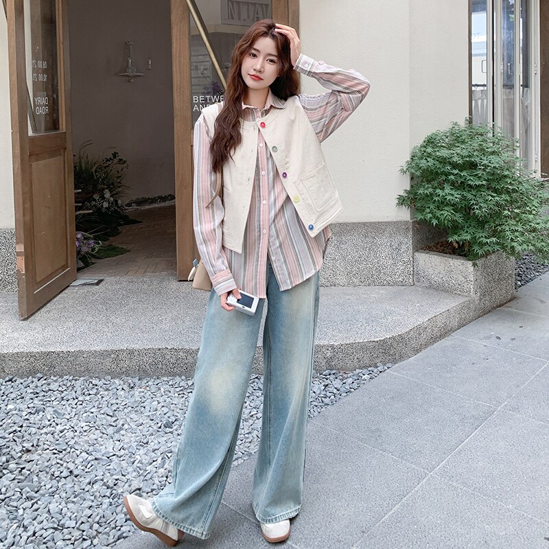 甜美条纹衬衫休闲马甲套装女2025春秋季新款设计感小众显瘦两件套,女装短外套,2C323