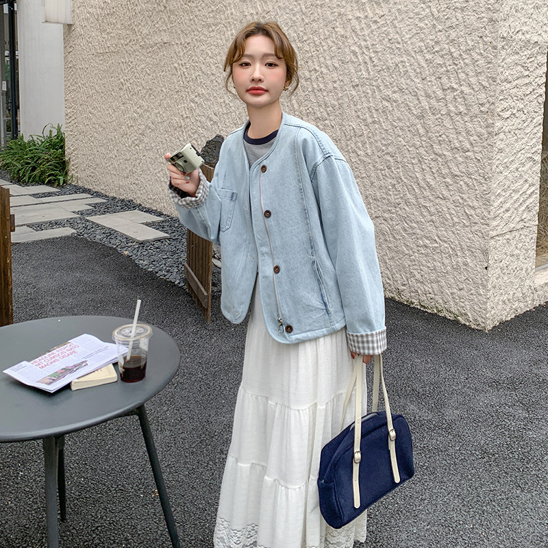 2025新款现货牛仔拼格子外套2c277-6615-p145-K229,女装短外套,2C277