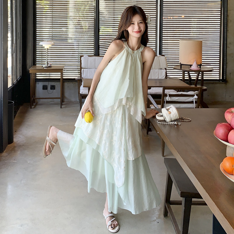 海边度假风无袖挂脖连衣裙女夏季2025新款气质绝美超好看仙女长裙,女装连衣裙,2C131