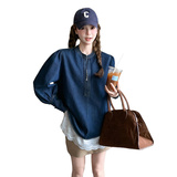 蓝色长袖牛仔衬衫女2025春秋新款复古设计感小个子休闲百搭短上衣，女装衬衫，2C087