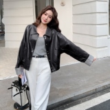 条纹拼接橄榄绿皮衣短外套女春秋2025新款小个子PU夹克爆款高级感，女装短外套，2C177