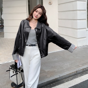 条纹拼接橄榄绿皮衣短外套女春秋2025新款小个子PU夹克爆款高级感图片
