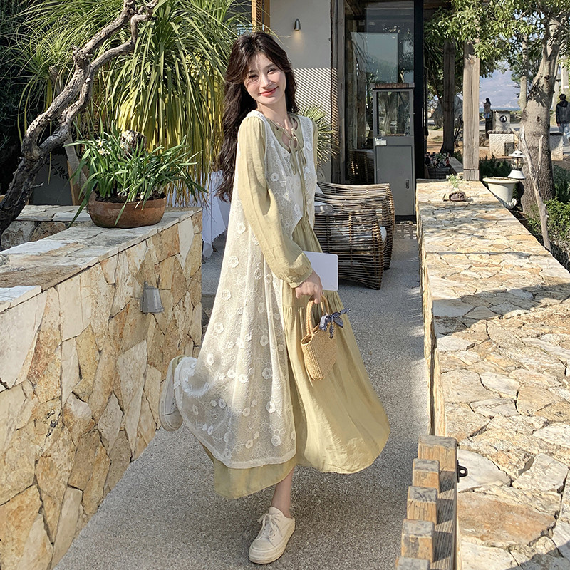 开春穿搭一整套镂空罩衫连衣裙套装女2026春季新款长袖叠穿两件套,女装连衣裙,2C218