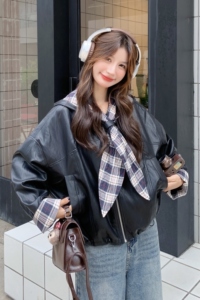 复古拼接连帽皮衣外套女2026新款机车服夹克2C227/3309/P165K238图片