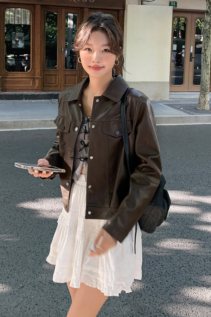 现货，女24短款皮衣春秋季小个子无外口袋外套,女装皮衣,安在秀