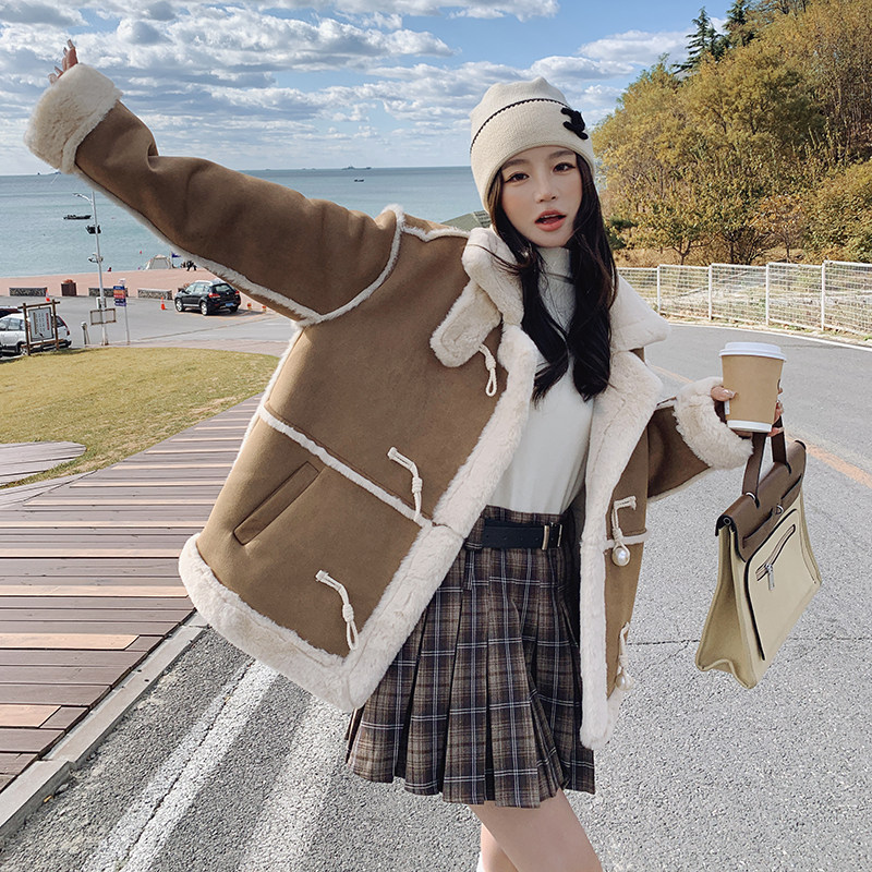 咖色高级感设计感宽松女保暖加厚鹿皮绒机车服3086-P185-K268,女装棉衣/棉服,2C166
