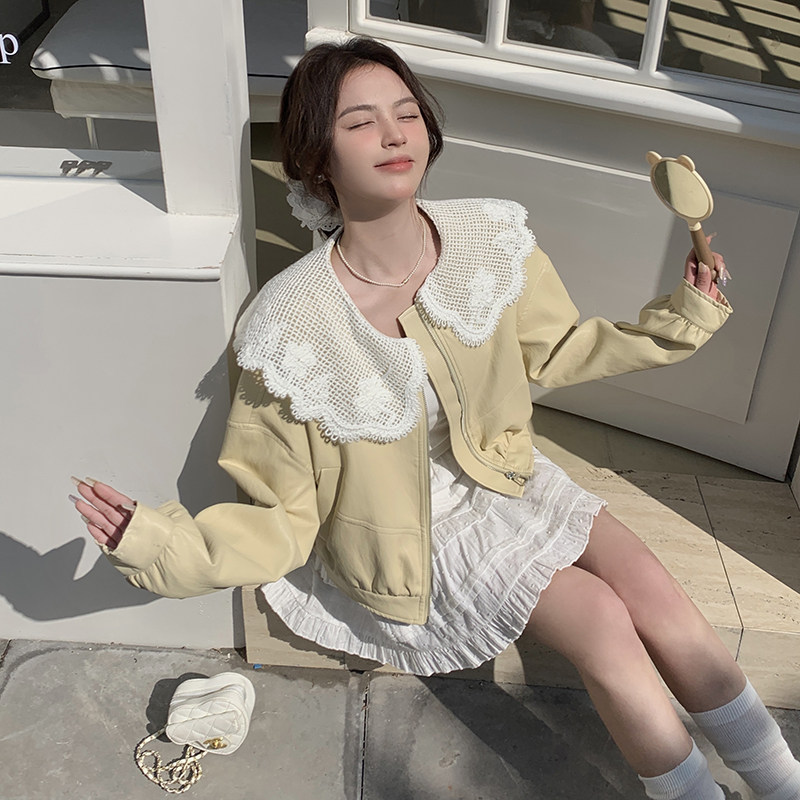 蕾丝花边大翻领皮衣外套女2025春季新款时尚高级感气质夹克上衣潮图片