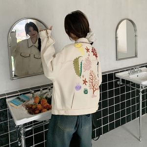 小众翻领重工刺绣洋气时尚夹克棉麻牛仔高级感宽松休闲百搭外套图片