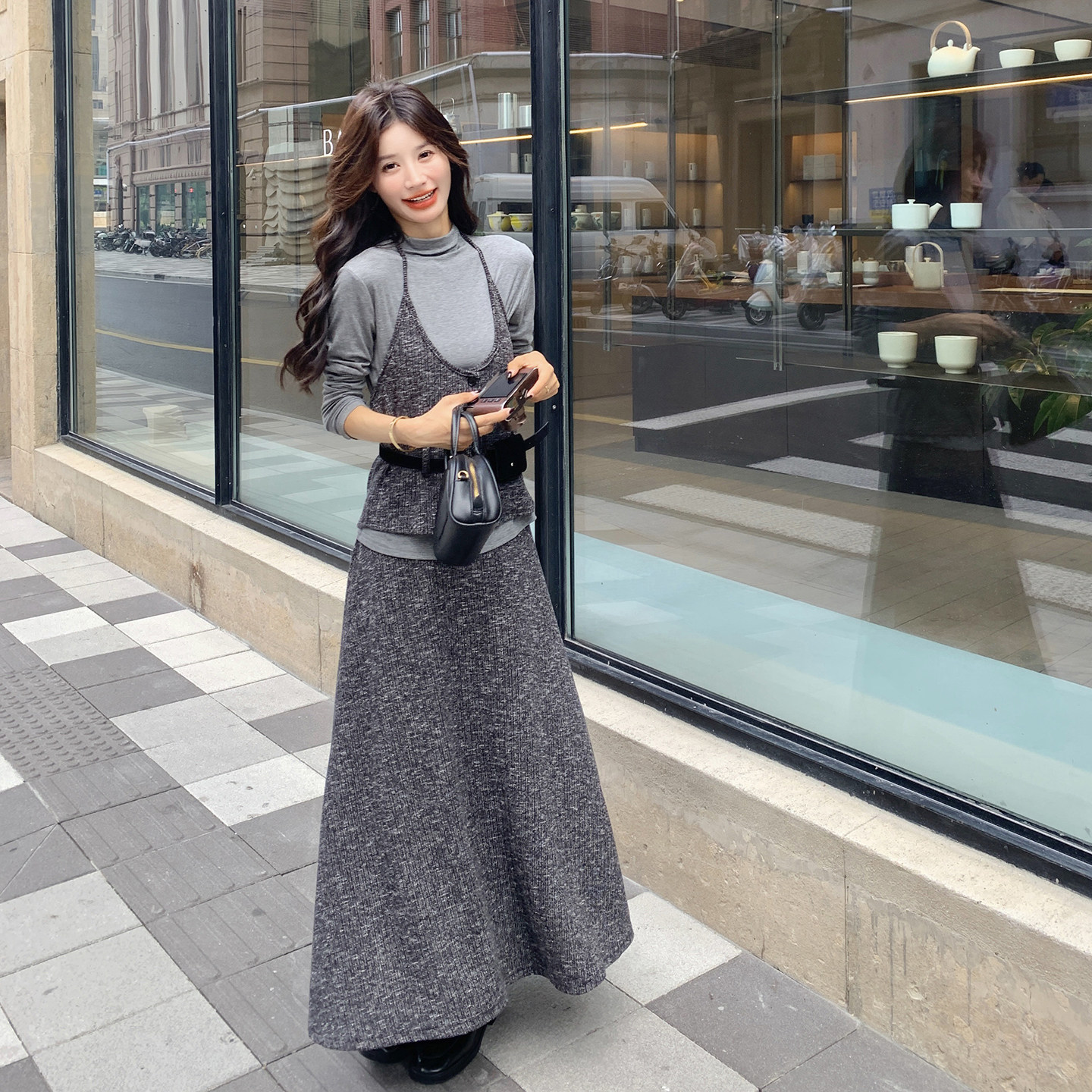 灰色御姐范气质通勤套装裙女秋季2025新款吊带打底衫半身裙三件套,女装套装/套裙,2D078