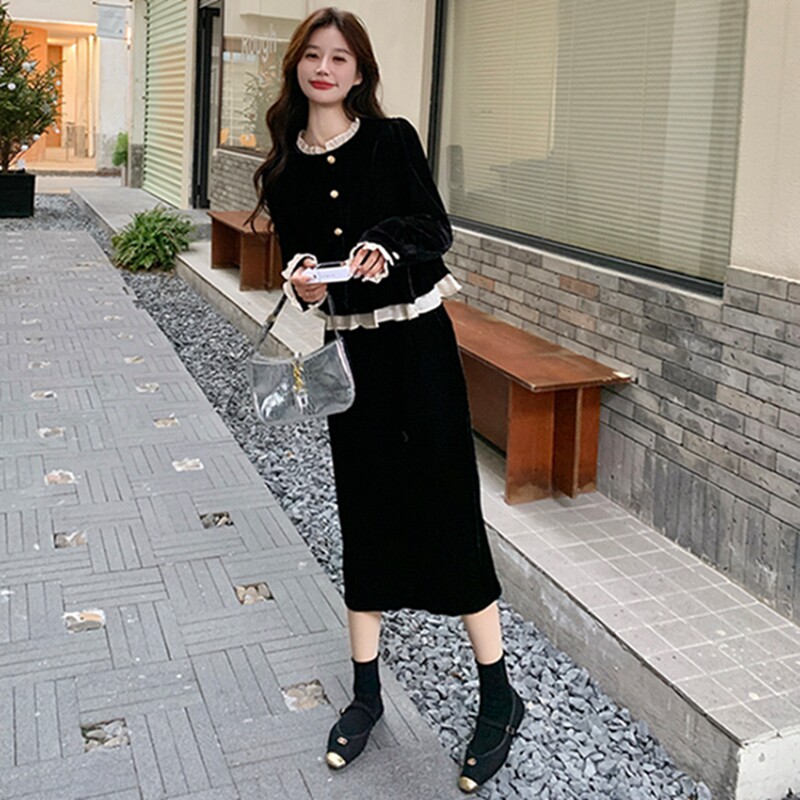 2026春装新品主推金品丝绒拼接假两件连衣裙2785P135K198,女装连衣裙,2C103