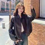 港风复古咖色翻领皮衣外套女春秋2025新款小个子PU夹克机车服爆款，女装短外套，2C087