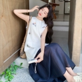 韩系初恋拼接无袖连衣裙女2025夏季新款设计感假两件刺绣背心长裙，女装连衣裙，2C227