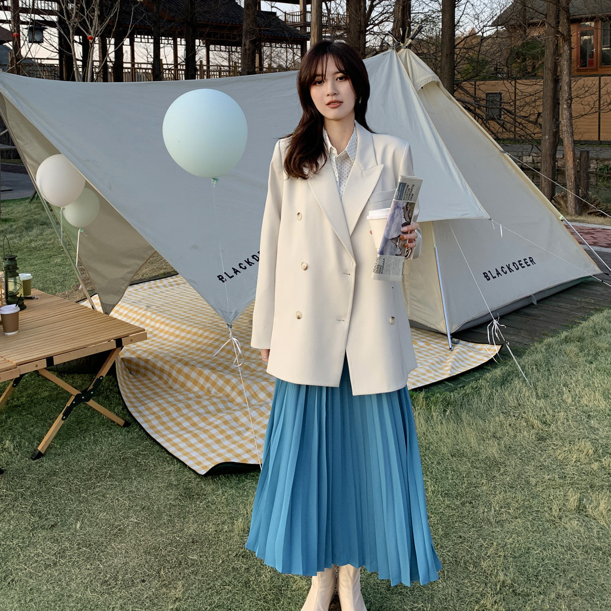 【主推现货】高阶杏白西装820P125-K188土耳其蓝百褶裙821P85K138,女装套装/套裙,2C137