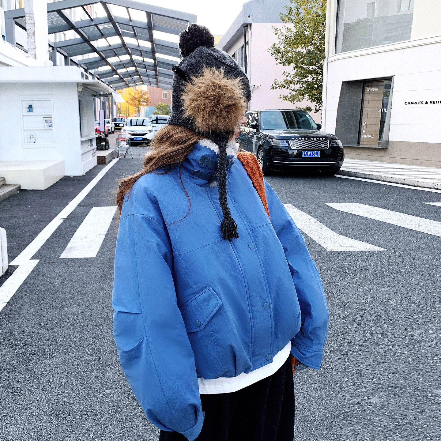 蓝色韩系羊羔毛领工装羽绒服女2025冬新款宽松保暖90白鸭绒外套,女装羽绒服,2D008