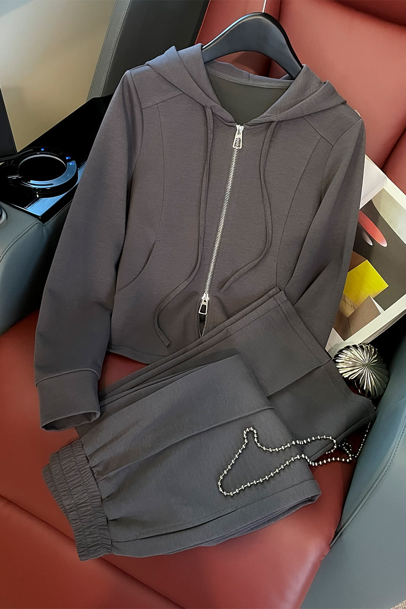 多巴胺女秋季减龄连帽开衫上衣阔腿裤套装,女装套装/套裙,2C310