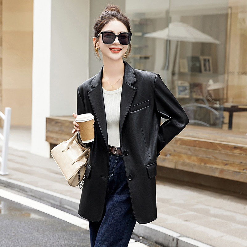 2025秋季新款大码黑色西装皮衣外套女炸街宽松休闲PU皮西服潮，女装皮衣，自然秀,女装皮衣,自然秀