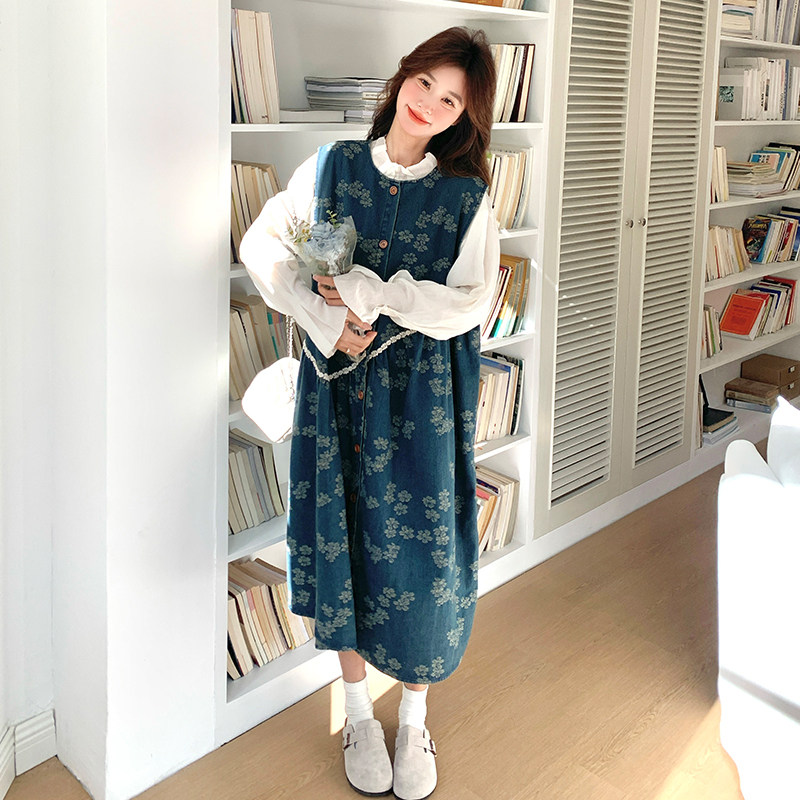 学院风穿搭牛仔背心连衣裙女春秋超火好看高级感独特漂亮长裙套装,女装套装/套裙,2C056