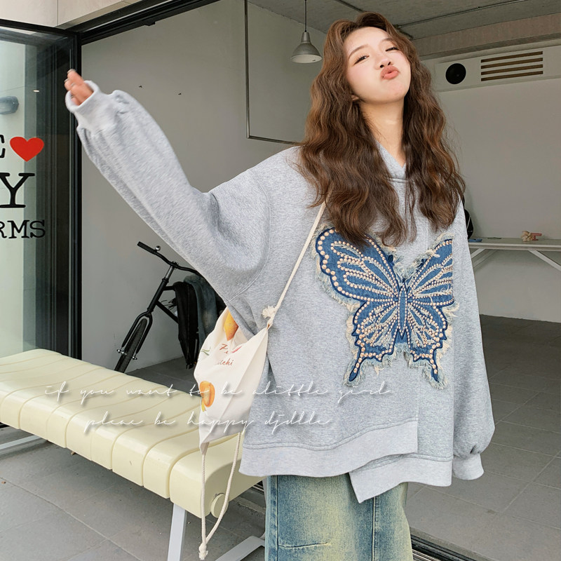慵懒风灰色蝴蝶结宽松连帽卫衣女2025春秋季新款休闲显瘦套头上衣图片