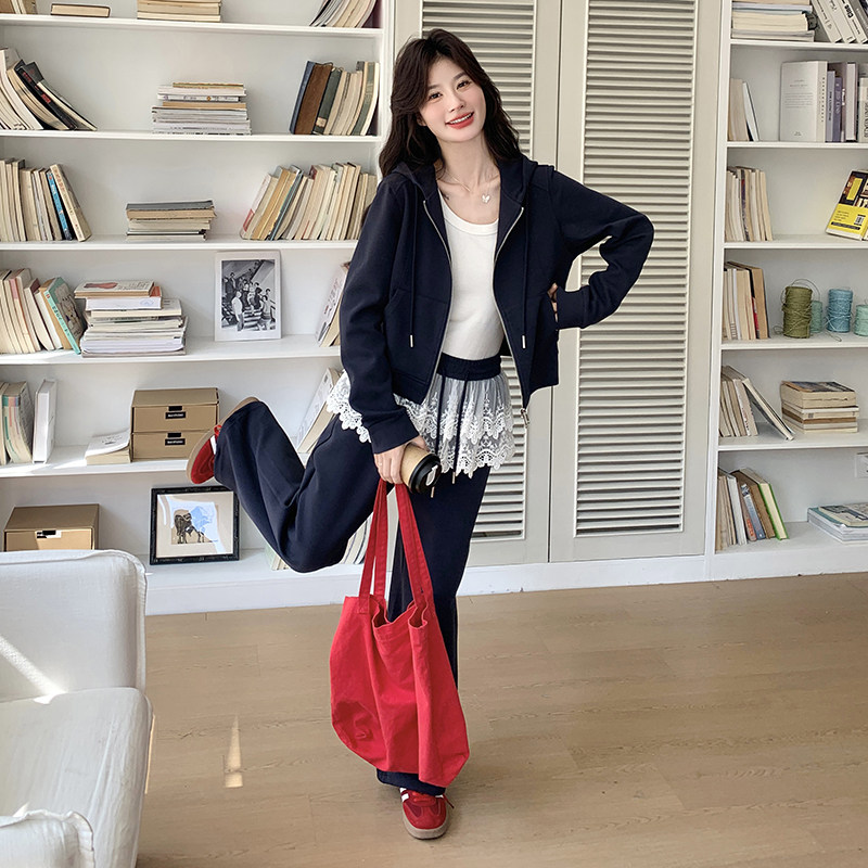 运动卫衣蕾丝拼接套装女2025春秋季新款藏青色洋气休闲长裤两件套,女装套装/套裙,2C203