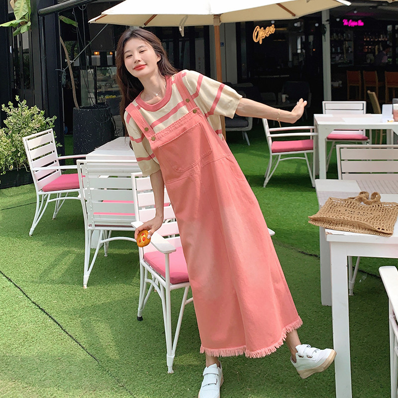 粉色牛仔背带裙女2024夏季新款韩系复古小个子遮肉减龄长款连衣裙图片