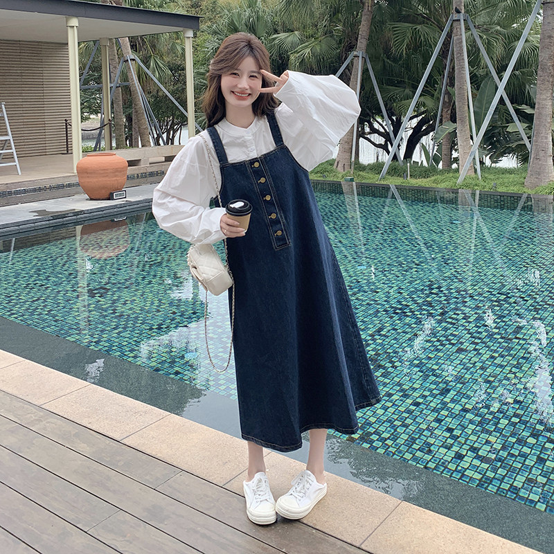 韩系甜美减龄牛仔背带裙套装女学院风衬衫长裙两件套6151P160K238,女装套装/套裙,2C166