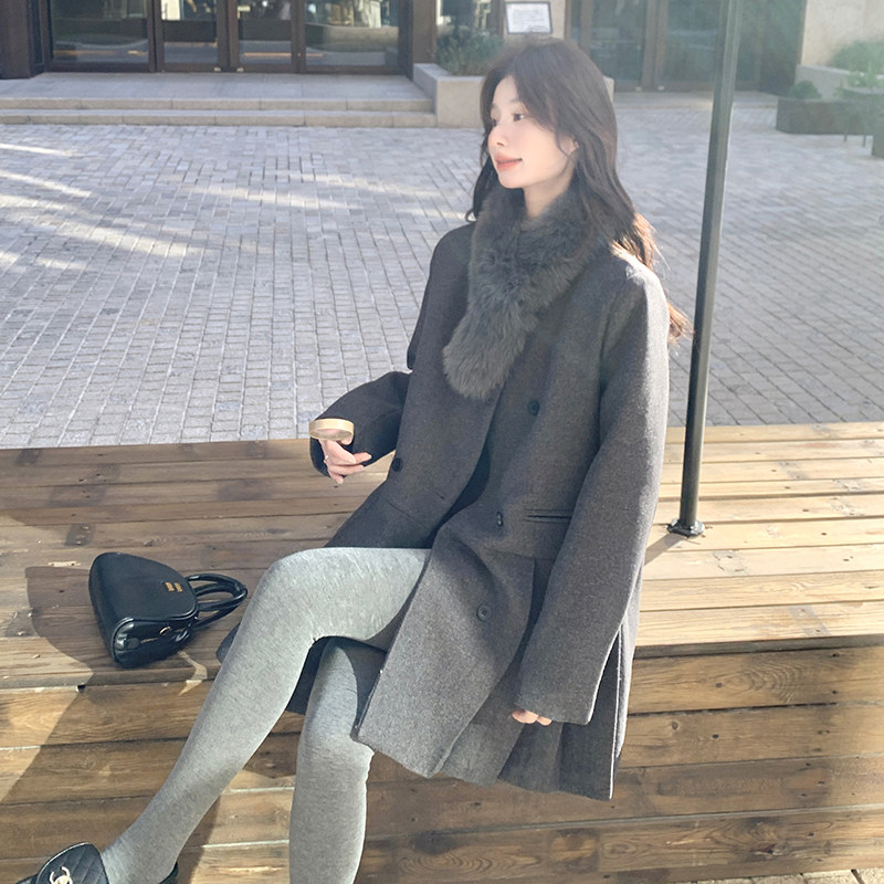 狐狸毛围脖收腰西装外套女羽绒内胆毛呢大衣6116P275K428[90绒],女装毛呢外套,2C166