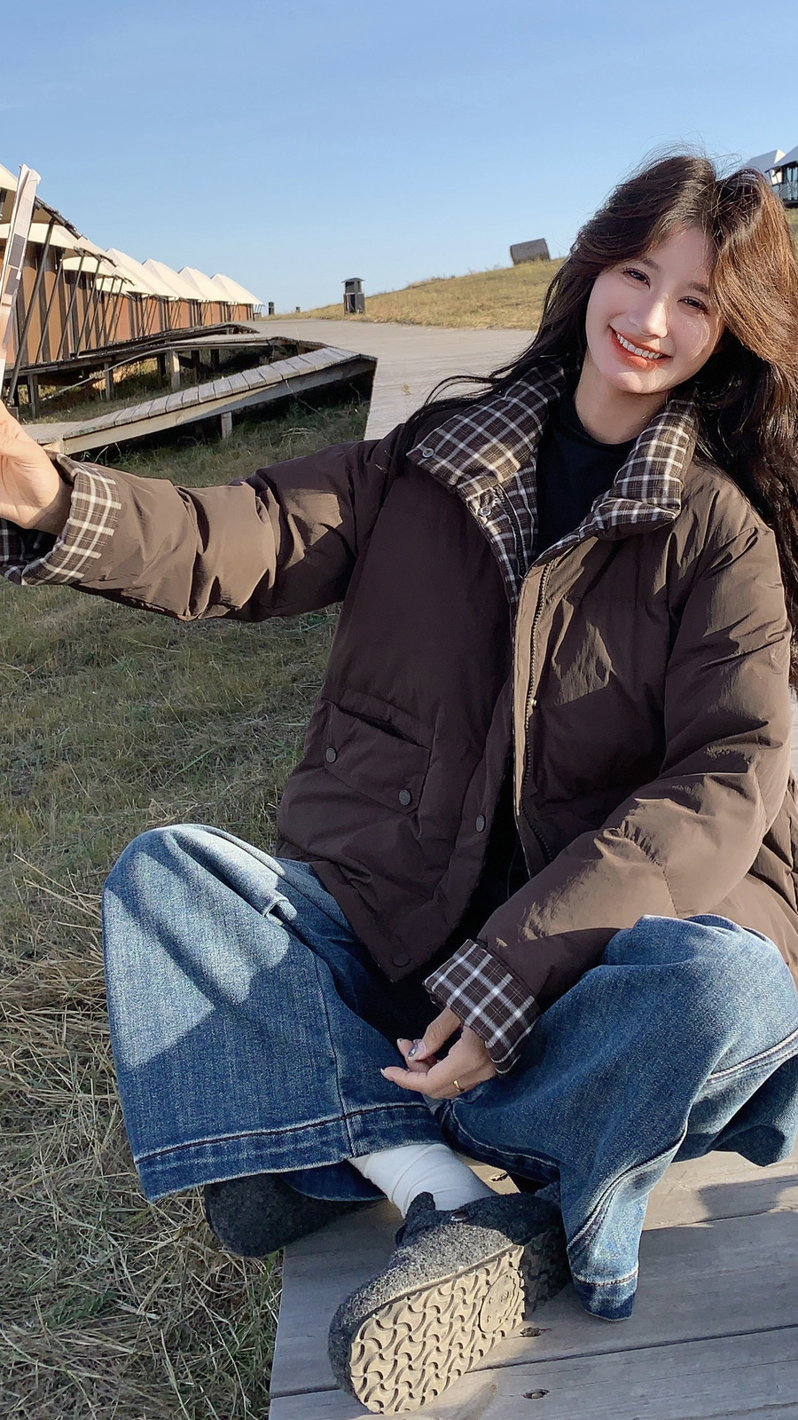 格子拼接短款羽绒服女2025冬季新款小个子休闲保暖90白鸭绒面包服,女装羽绒服,2C011
