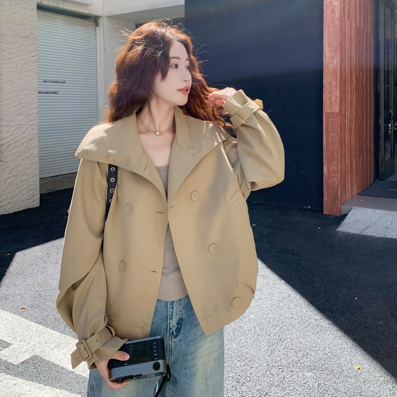 时髦酷飒风高级感风衣外套女2025秋季日系双排扣百搭立领短款上衣图片