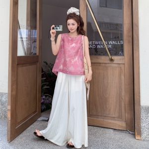 粉色提花背心上衣阔腿裤套装女2025夏季新款法式高级感气质两件套图片