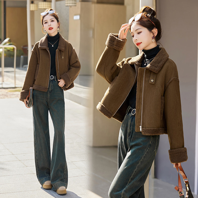 皮毛一体羊羔毛短外套女2025冬季新款小个子加厚麂皮绒机车服，女装皮草，自然秀,女装皮草,自然秀