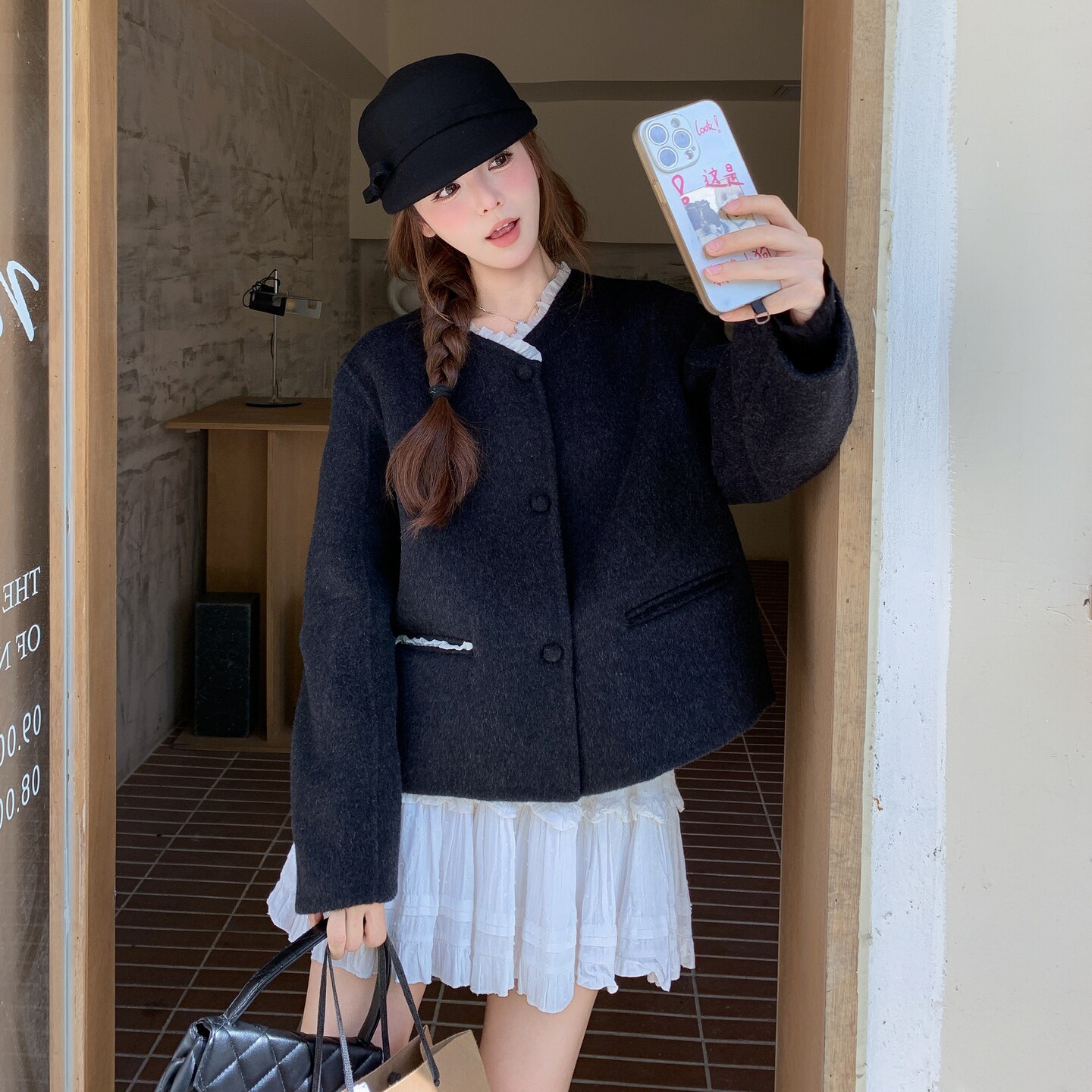 高级小众韩系chic黑色双面毛呢外套女冬超火好看漂亮短款夹克上衣,女装毛呢外套,2D008