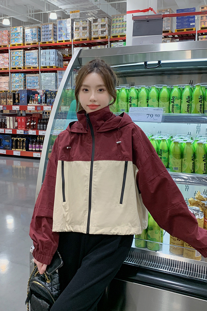 现货数据好，设计感时尚撞色宽松连帽短款外套C029-2333P140K198,女装短外套,2C029