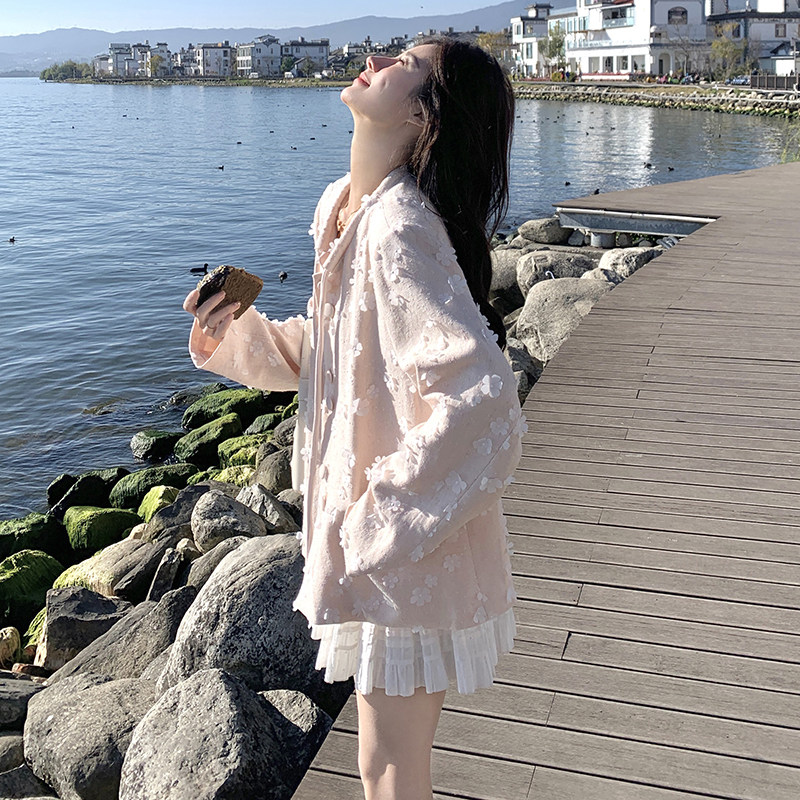 粉色立体花朵外套女2025春季新款韩系超好看气质甜美减龄短款上衣,女装短外套,2C230