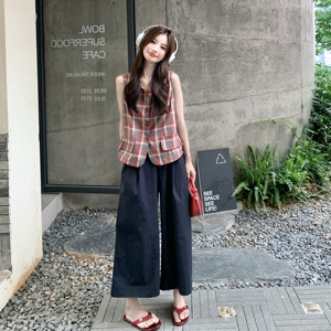 2025夏装搭配一整套格子坎肩衬衫阔腿裤两件套小个子显高时尚套装图片