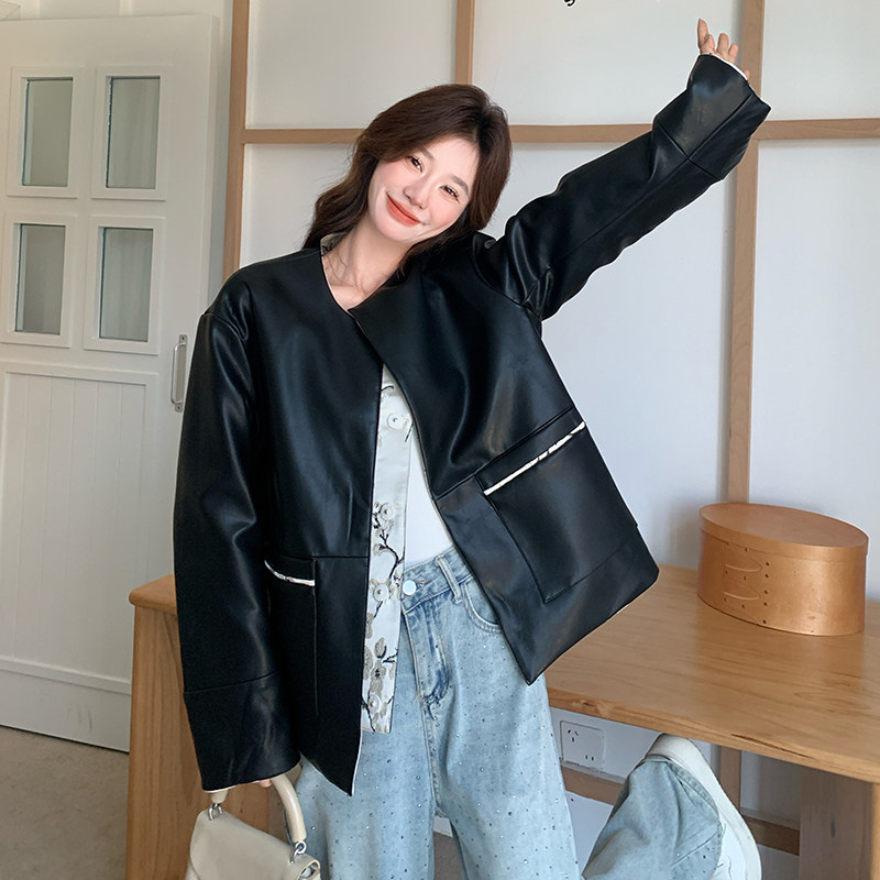 2025新款秋季刺绣两面穿皮衣外套女碎花新中式国风百搭pu皮短夹克,女装短外套,2C166