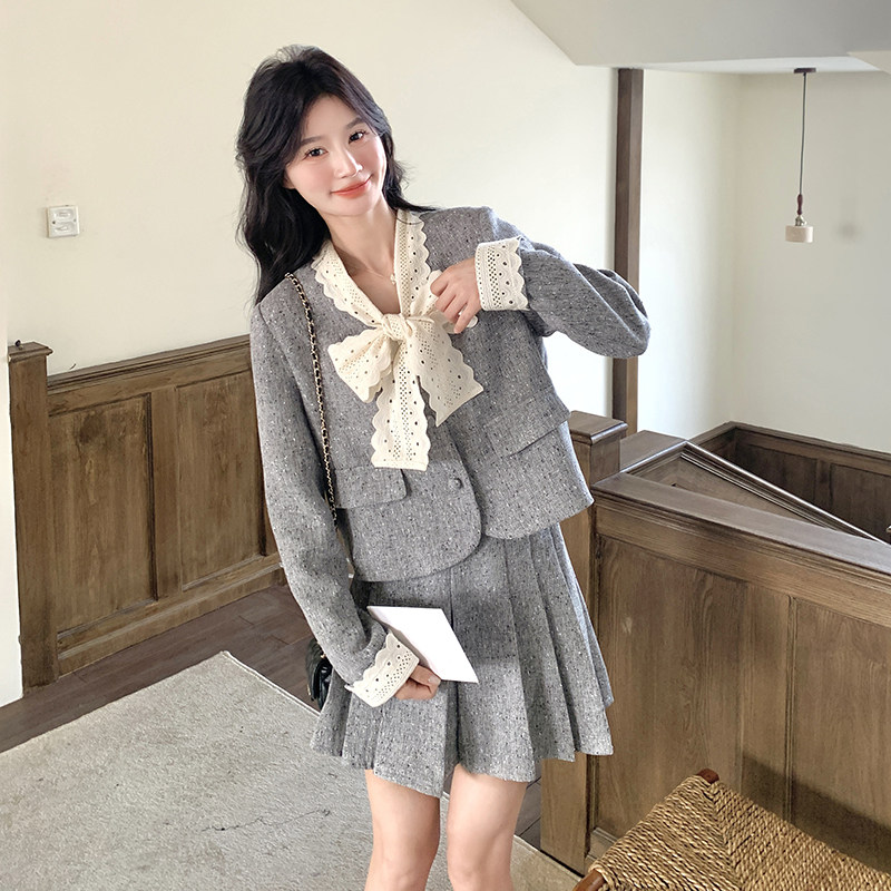 法式减龄两件套女2026春季新款蝴蝶结系带西装外套百褶裙套装,女装套装/套裙,2C218