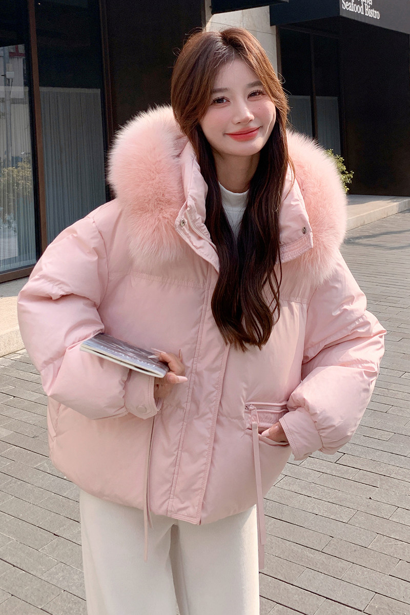 粉色真毛领羽绒服女2025冬季新款小个子超好看甜美减龄白鸭绒外套,女装羽绒服,2D078