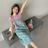 港风复古牛仔背带连衣裙女夏新款可盐可甜宽松显瘦开叉学生长裙，女装套装/套裙，2C280