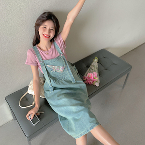 港风复古牛仔背带连衣裙女夏新款可盐可甜宽松显瘦开叉学生长裙图片