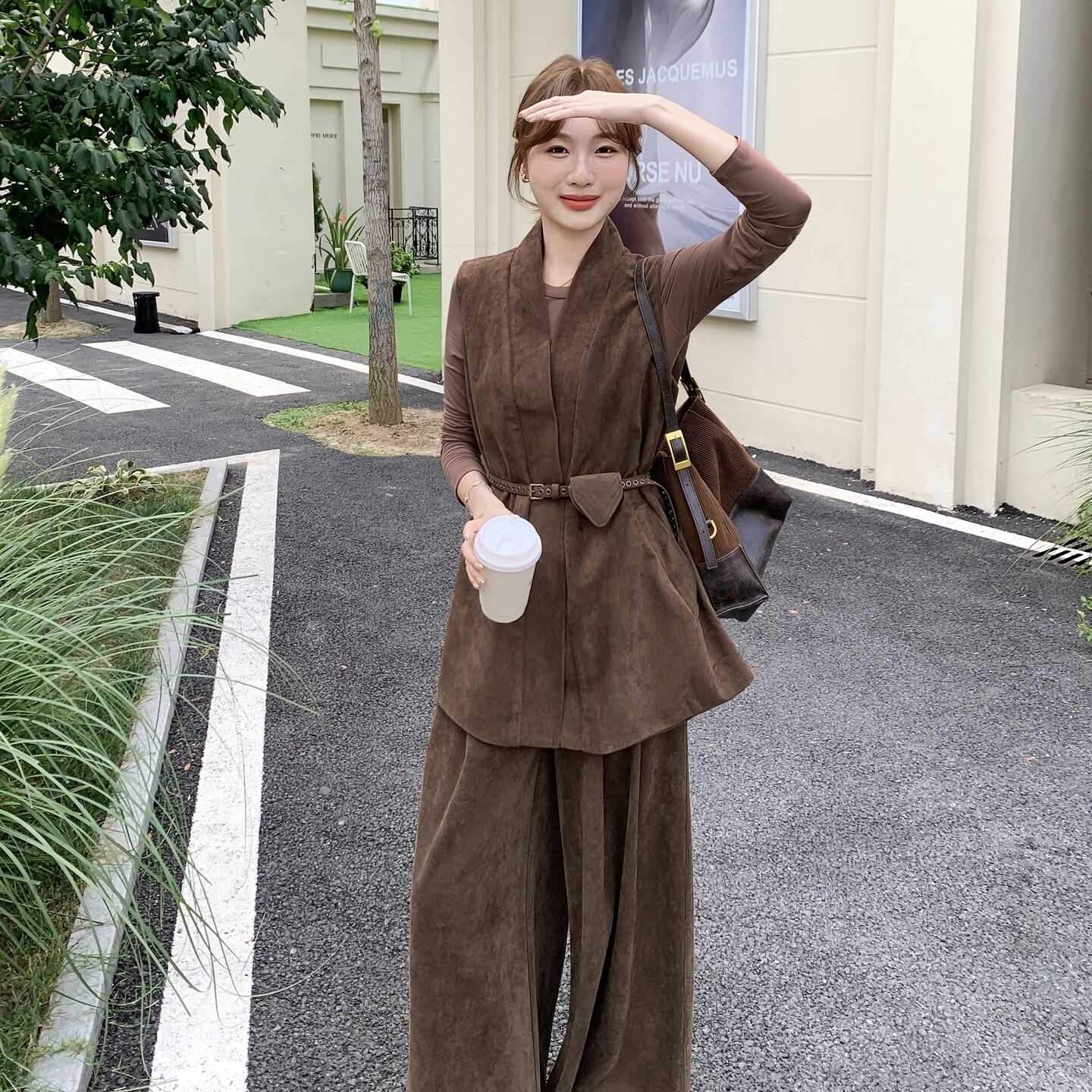 御姐轻熟风麂皮绒马甲阔腿裤套装女2025秋新款复古收腰显瘦两件套,女装套装/套裙,2C327