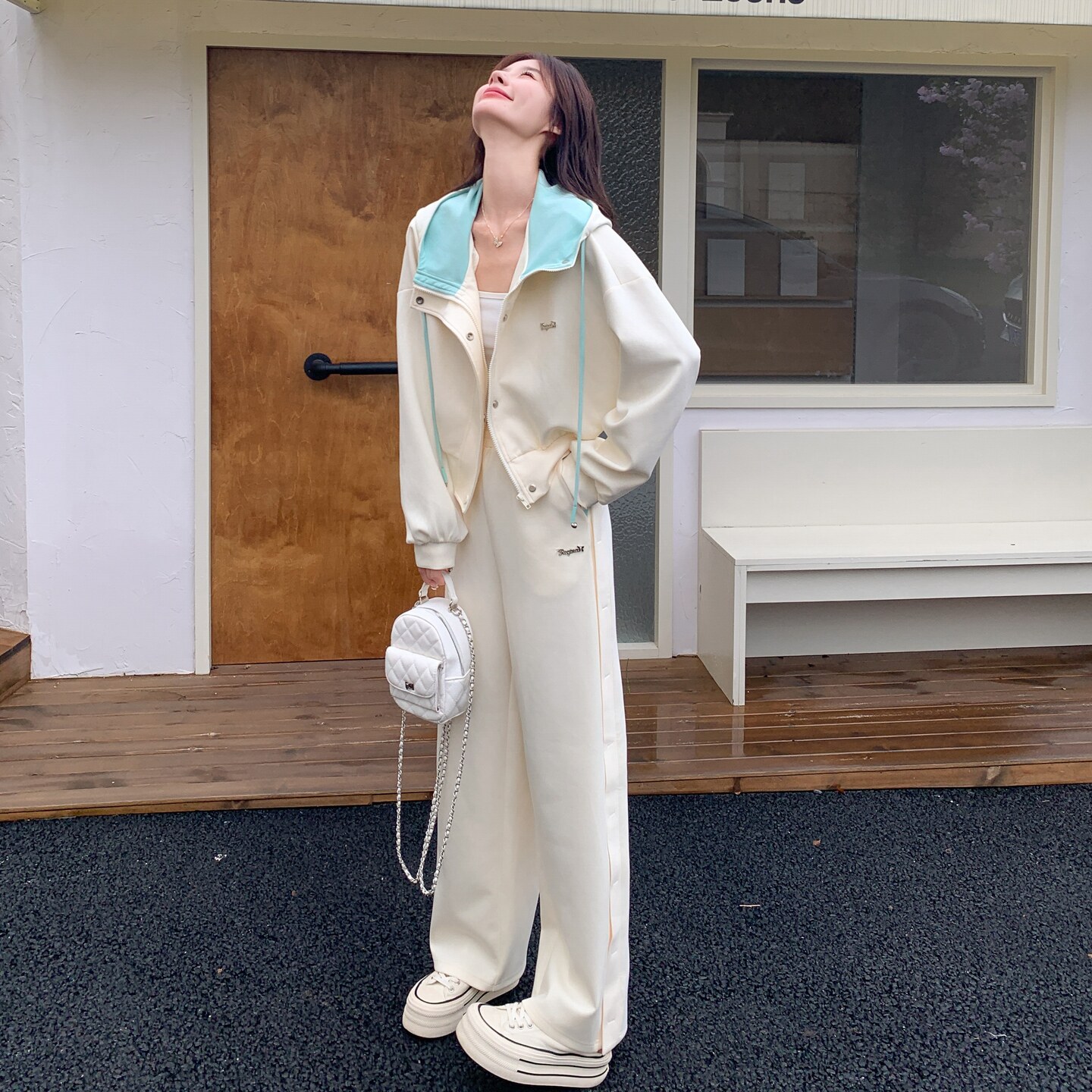 学院风休闲运动套装女2025春秋新款韩版显瘦连帽卫衣阔腿裤两件套,女装套装/套裙,2C375