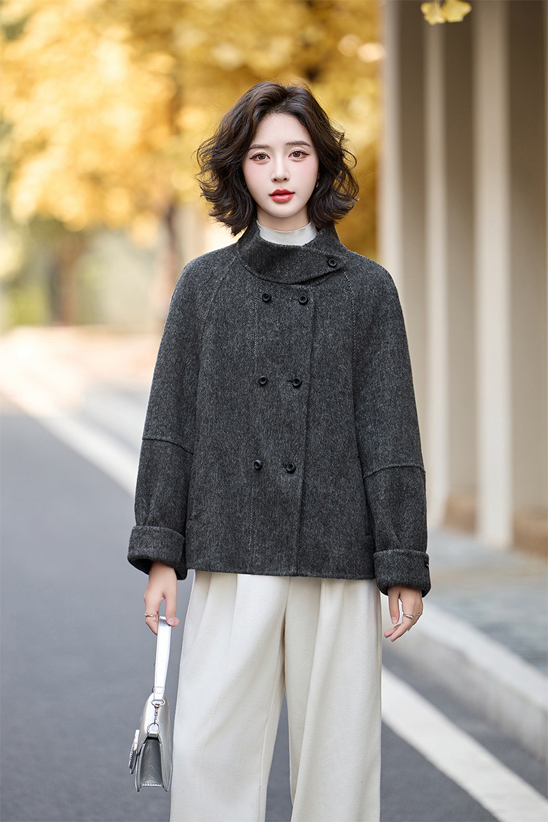 2025新款秋冬双面呢羊毛大衣女茧型短款韩版宽松气质翻领毛呢外套,女装毛呢外套,维一诺（1D095）