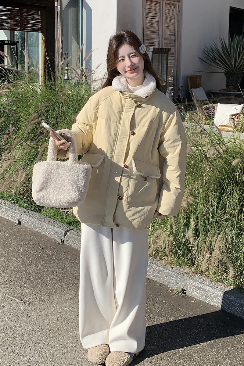 现货黄色好看减龄毛绒拼色羽绒服5821-P265-K398,女装羽绒服,2C159