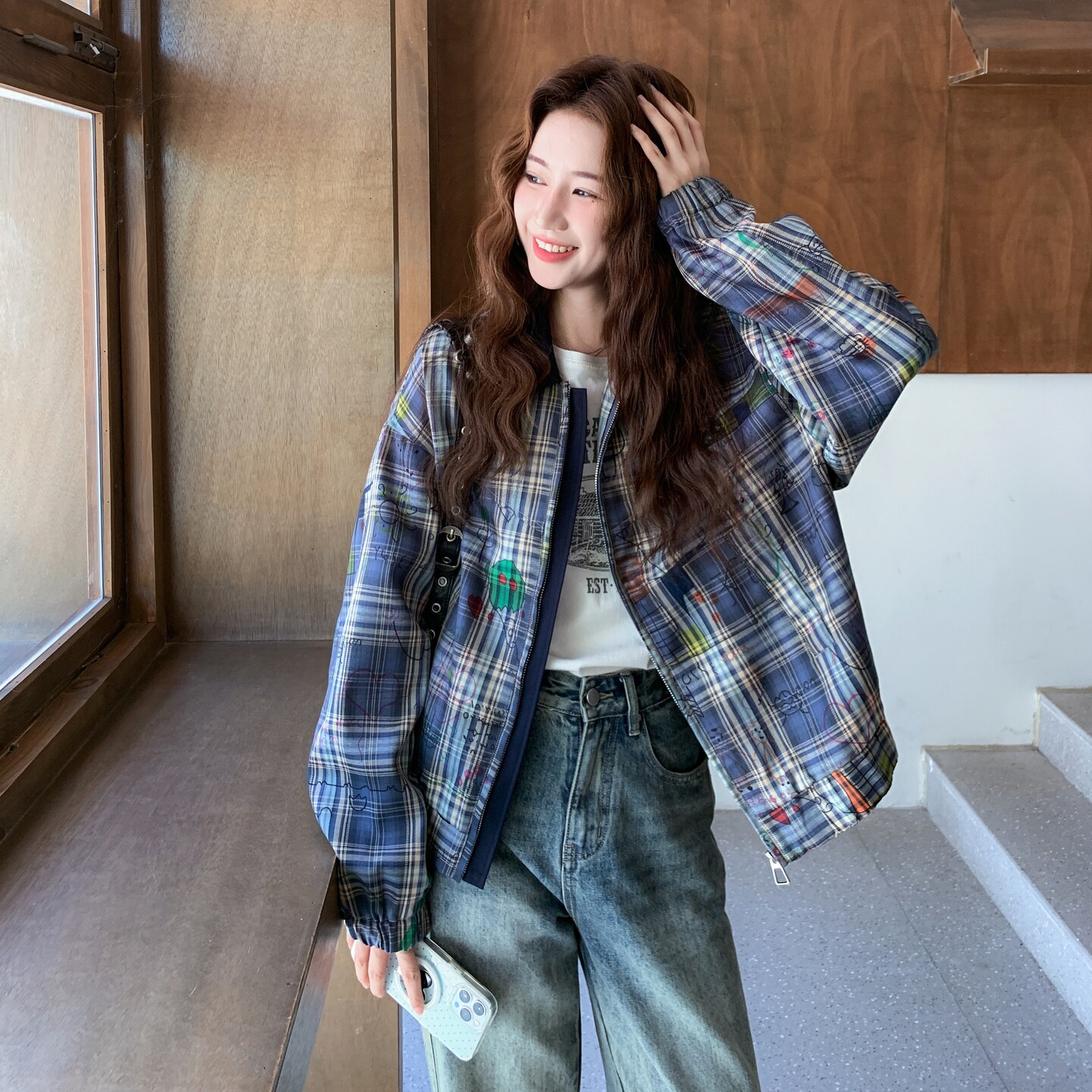 复古蓝色格纹印花小香风外套2026新款女初秋巨好看韩系chic短夹克图片