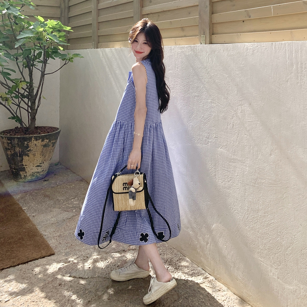 甜美蓝色格子无袖背心连衣裙女夏季2025新款独特漂亮大方得体裙子,女装连衣裙,2B237
