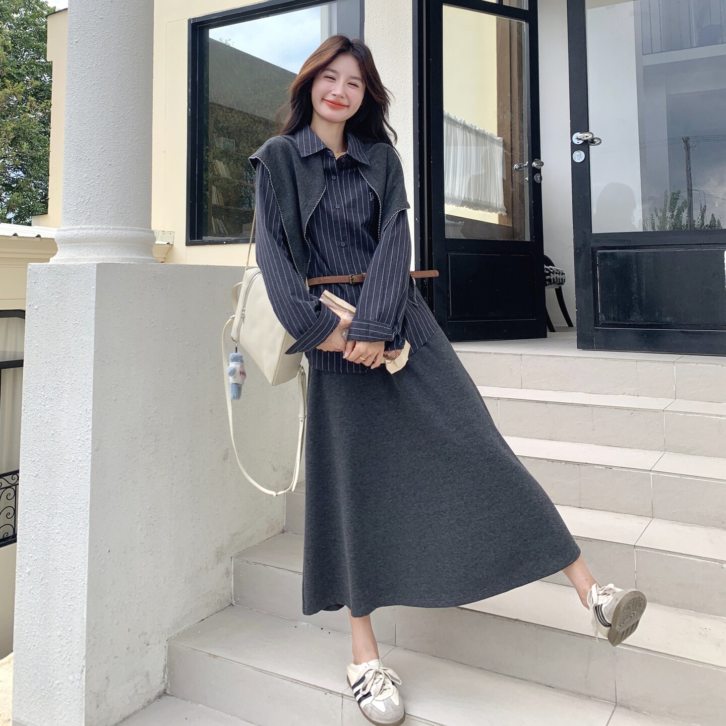 现货/条纹衬衫+披肩+腰带+半身裙套装2C233-5828-P180-K269,女装套装/套裙,2C233