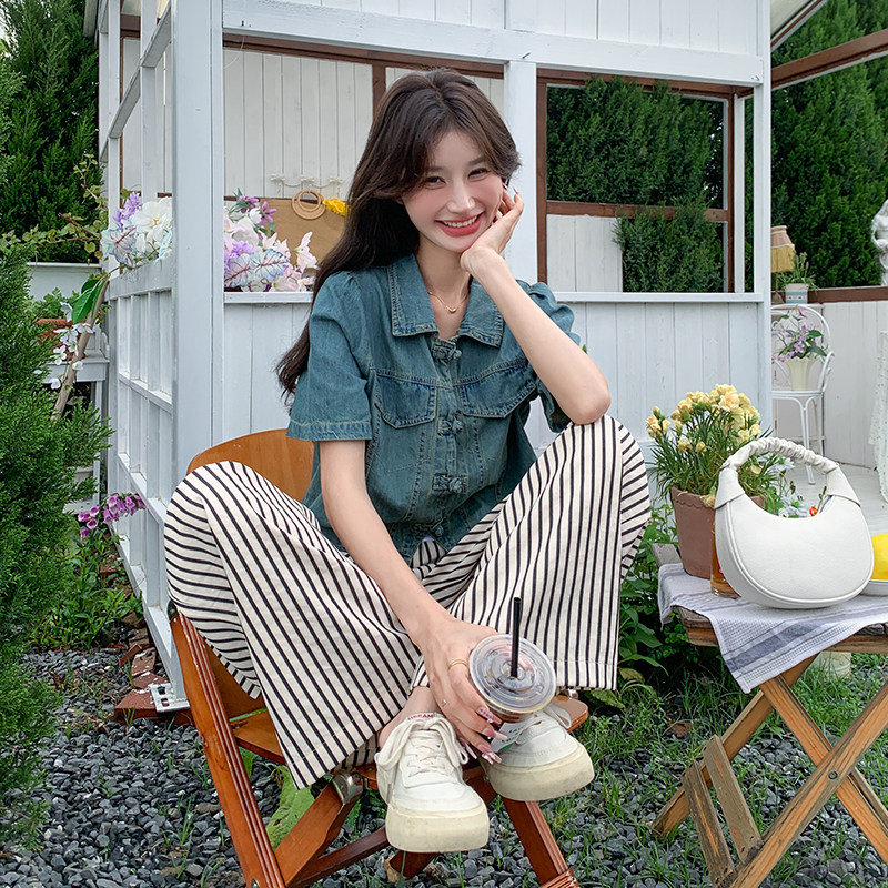 现货~！！牛仔套装宽松条纹阔腿裤两件套P145188,女装套装/套裙,2C262