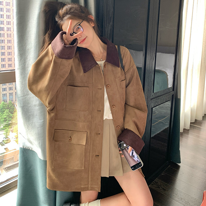 美拉德风复古咖色麂皮绒外套女春秋超火巨好看高级夹克上衣中长款,女装短外套,2C139