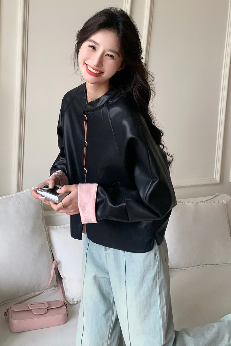 【秋款现货】粉拼黑中式皮衣088-6605p145控198,女装短外套,2C088